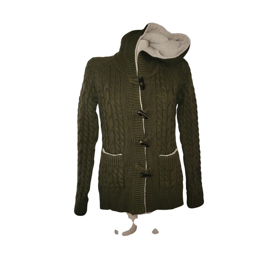 Cabelas Olive Green Cable Knit Sherpa Lined Hooded Toggle Cardigan S grandmacore